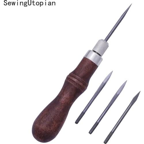 DIY Leather Craft Tools Handle 4 In 1 Stitching Lacing Scratch Awl Tool Hardwood Handle Leathercraft Stitching Sewing Tools