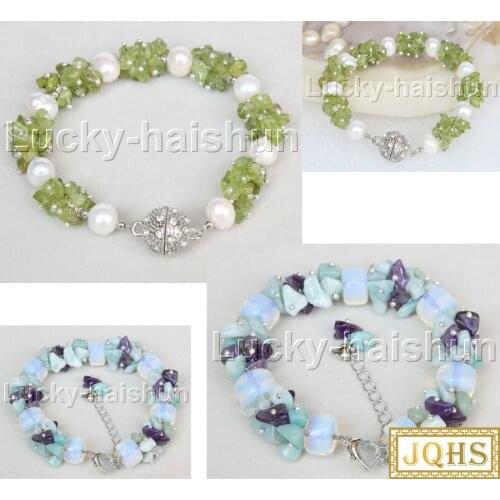 JQHS natural 8" baroque olivine white pearls moonstone amethysts aquamarine bracelet j11643-3