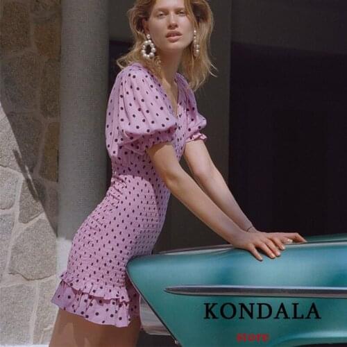 KONDALA Women Dress Za 2021 Chiffon Party Mini Sheath Dress Short Sleeve Elastic Waist V Neck Sexy Dress Female Ruffles Vestidos