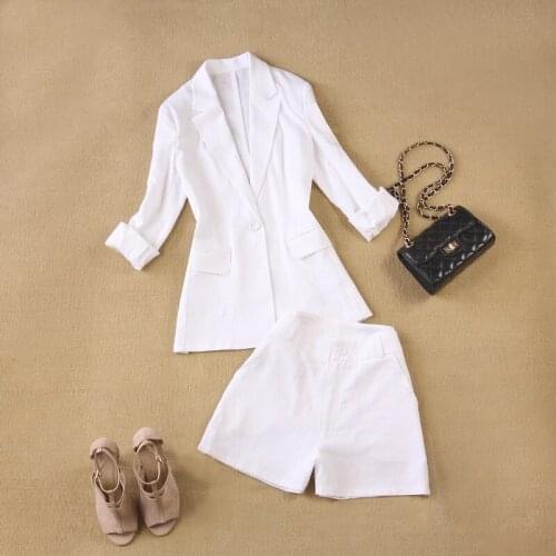 2-piece suit womens spring and summer new linen breathable white large size suit jacket + high waist wide leg shorts suit women