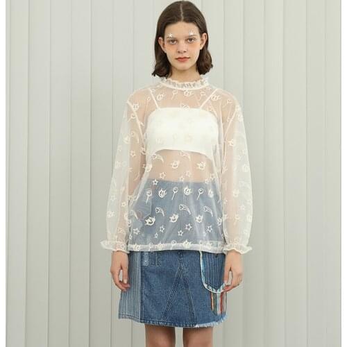 Bebobsons Summer New Womens Mesh T-shirt With Full Jacquard Pattern Long Sleeve Translucent