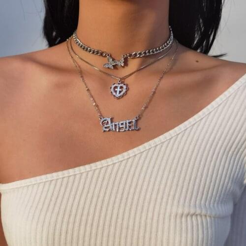 Letter Angel Butterfly Choker Necklace Vintage Heart-shaped Cross Necklace for Women Wild Punk Goth Chain Necklaces