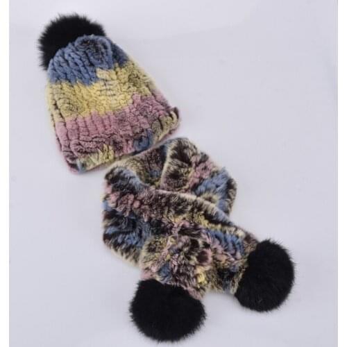 New fur scarf for kids Rex rabbit fur hat and scarf suit Totally hand-knitted rex rabbit fur scarf hat for 2 to 7 years old