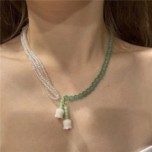 Small pure and fresh tulip pendant necklace beaded crystal super fairy color clavicle chain light luxury neck Free shipping