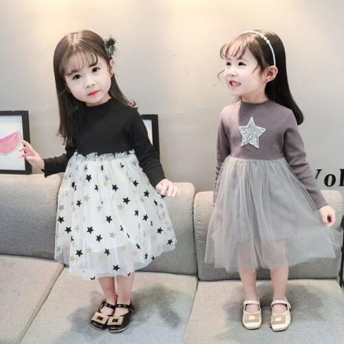 Girls dress spring small stand-up collar knitted stitching star moon net yarn beautiful childrens skirt