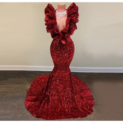 Prom Dresses Sequin Peplum Burgundy Formal Dress Mermaid Long Pleated Evening Gowns 2021 vestido de festa robe de soiree