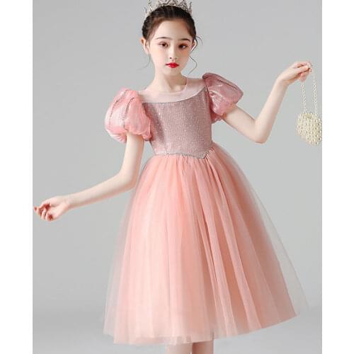 Little Girls Sequin Dress Tutu Puff Sleeve Flower Girls Dresses Blush Pink Kids Princess Ball Gown Junior Tiered A-lined Pageant