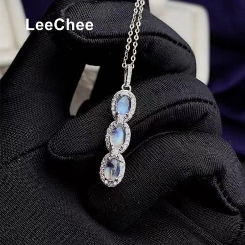 Moonstone Pendant Natural 4*6mm 3 Pieces Gemstones Necklace for Women Anniversary Gift Real 925 Sterling Silver Fine Jewelry