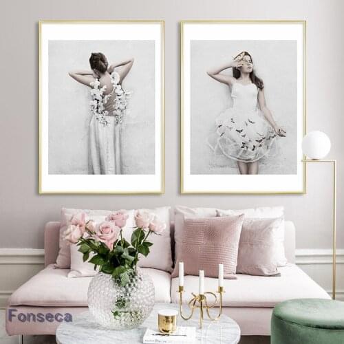 Nordic White Dress Girl Poster Cuadros Decoration Wall Art Pictures For Living Room Home Decor Modern Canvas Painting