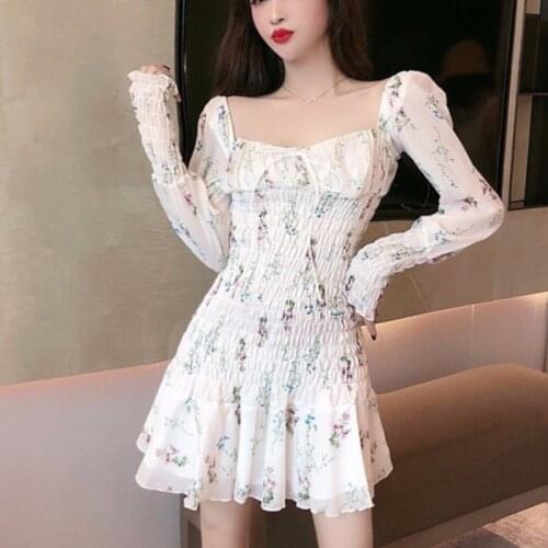 2020 Summer Floral Square Collar Chiffon Pleated Long Sleeve Mini Dress Sweet Wrapped Chest Elastic Waist Ladies Dresses