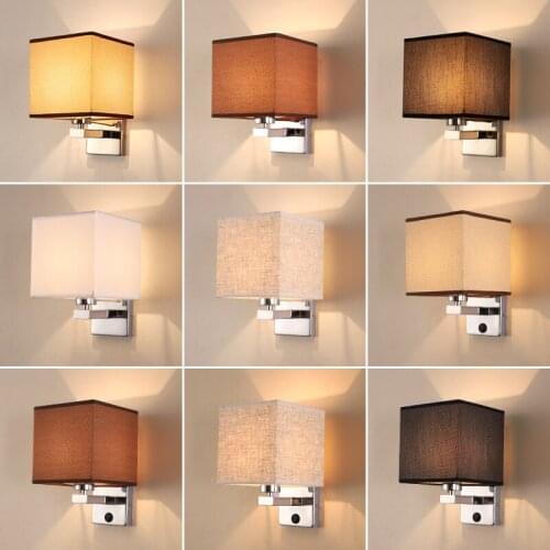 Modern Bedside Linen Beige White Black Coffee Square Fabric Wall Sconce Lamp With ON/OFF Switch For Bedroom Living Room