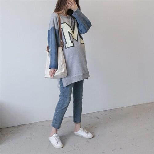 Spring Autumn Maternity Sweatshirts Fashion Splicing Loose Letter Tops for Pregnant Women Pregnancy Clothing Maternity Hoodies