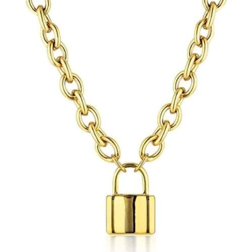Fashion Jewelry 18K Gold Link Chain Stainless Steel Padlock Pendant Statement Necklace