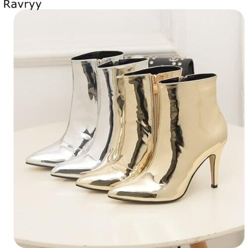 Silver Golden Woman Ankle Boots Patent Leather Pointed Toe Short Boots Concise Style 2018 Hot Fashion Thin Heel Female Shoes