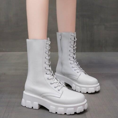 2020 Spring Women White Boots Autumn Fashion Black Leather Platform Gothic Boots Punk Combat Mid-Calf Boots For Women Winter PU