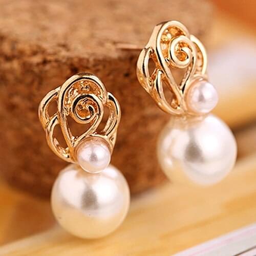 Womens White Pearl Gold-toned Ear Studs Earrings Bride Jewelry Gift Eardrop