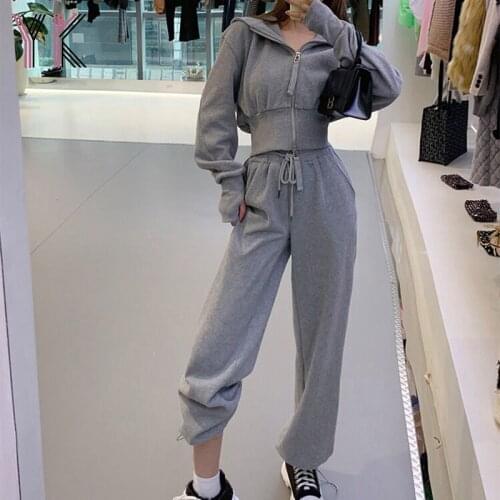 Grey Hoodies Long Sleeve Top WomenS Tracksuit Two Piece Female Loose Sportswear Sweatshirt Spring Fitness Korean Fashion Set