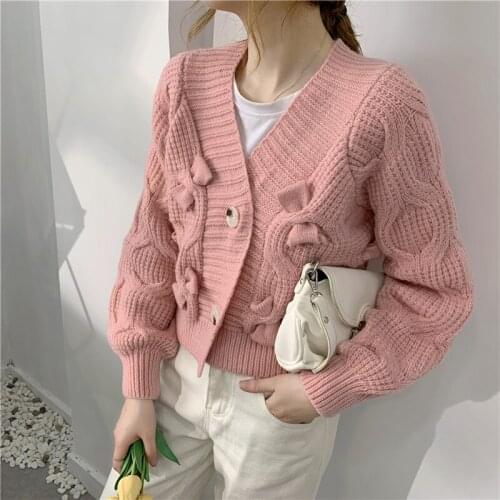 WTIANYUW Women V Neck Kniited Loose Sweater Coat 2021 New Fashion Autumn Winter Pink 3D Bow Long Sleeve Short Cardigan Jacket