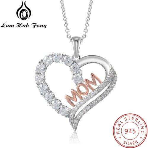Genuine 925 Sterling Silver Women Necklaces Letter MOM Heart Shape CZ Necklaces Mothers Day Gift Fine Jewelry (Lam Hub Fong)
