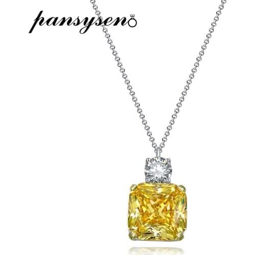 PANSYSEN Real 925 Sterling Silver 15MM Princess Cut Citrine Created Moissanite Pendant Necklaces for Women Wedding Fine Jewelry
