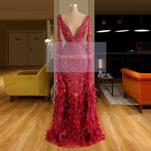 Junoesque Red Mermaid Evening Dresses Floor-Length Feathers Beaded Prom Dress Formal Dress 2020 Vestido de festa Celebrity Dress