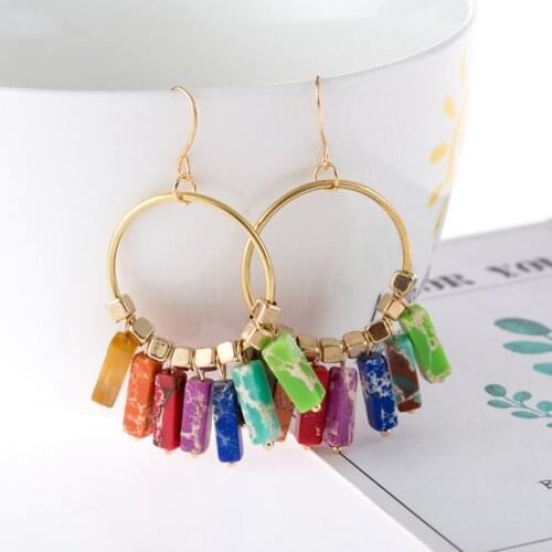 7 Chakra Earring Square Cylinder Yoga Rainbow Natural Stones Gold Color Beads Dangle Earrings Bohemian Women Drop Earrings Gifts