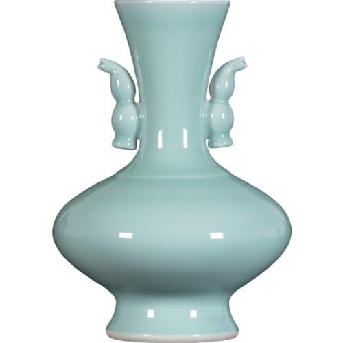 Yong Zhengs Antique Handmade double ears shadow green glaze vase Jingdezhen Vintage home decoration Ceramic Vase ornament