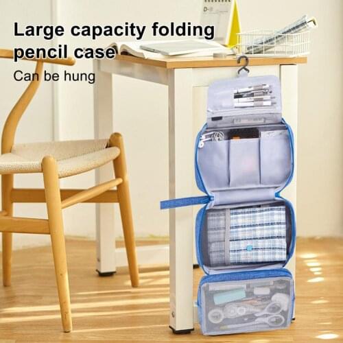 Large Capacity Foldable Pencil Bag Multi Compartments Zipper Closure Hanging Hook Stationery Organizer Cosmetic Bag