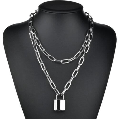 Fashion Padlock Key Cross Double layer Lock Chain necklace on neck Punk Link Chain Pendant Necklace Women Gothic Jewelry