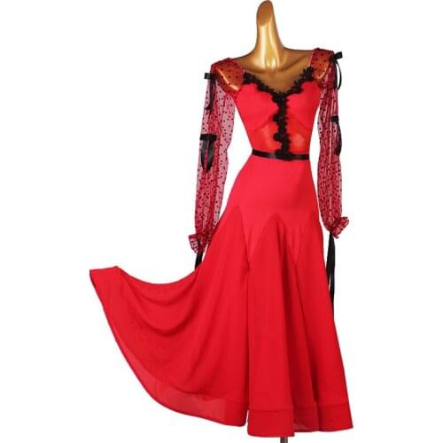 Women National Standard Dancewear Mesh Long Sleeve Jumpsuit Skirt Suit Ballroom Dance Competition Clothing