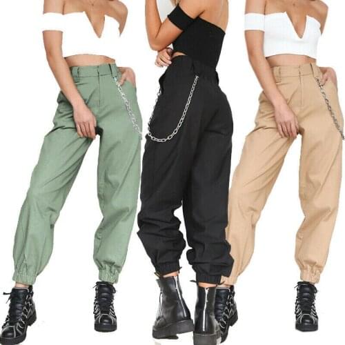 Women High Waist Chain Combat Harem Pants Cargo Pockets Hip-Hops Trousers S-2XL