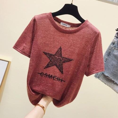 Summer Tees Female Casual Tops High Quality Short Sleeve Beading Hot Drilling Five-pointed Star Harajuku Wine Red T-shirts Women