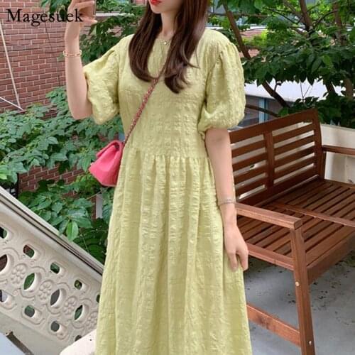 Korean Chic Green Loose Dress Women Summer 2021 Vintage Puff SleeveDress Female Plus Size Black Casual Dresses Vestidos 15359