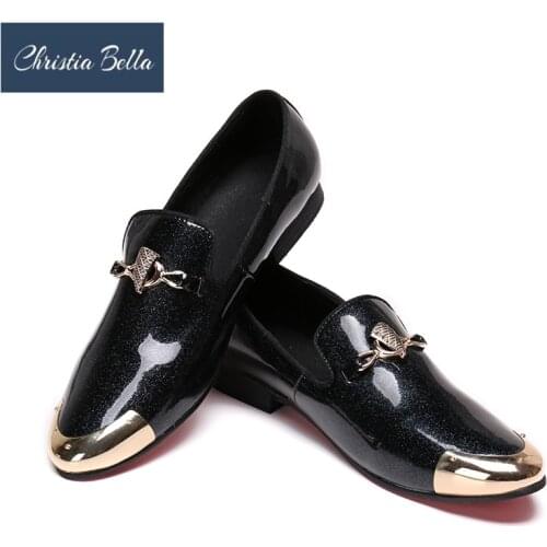 Christia Bella Men Black Dress Shoes Genuine Leather Luxury Fashion Groom Shiny Wedding Shoes Men Oxford Shoes Summer Slippers