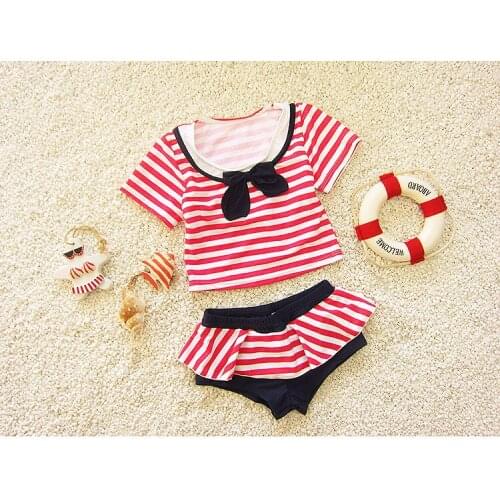 Marine Style Red Striped Kids Girls 2 Pieces Swimming Suit Swimwear Top + Pants Summer Beach Wear Swimsuit SA4025