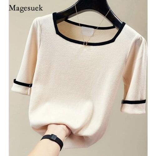 Summer Chic Solid Knitted T Shirt Women Square Collar Thin Casual Womens T-shirts Short Sleeve Plus Size Tee Tops Clothes 13405