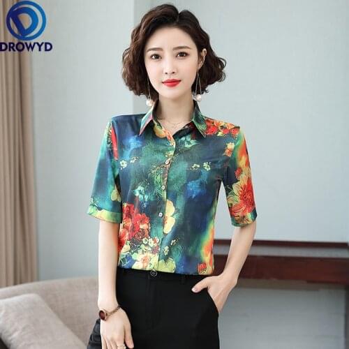 Fashion M-5XL Plus Size Printed Silk Satin Women Shirts Summer Short Sleeve Floral Tops Female Korean Style Office Ladies Shirt