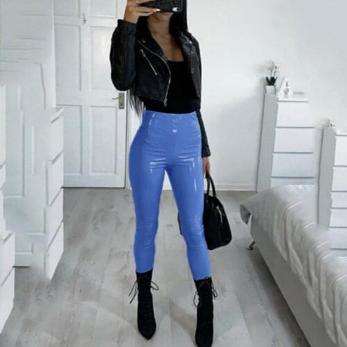 New Arrival Womens Wet Look Stretchy Pants Faux Leather Skinny Leggings Trousers High Waist PU Pencil Pants