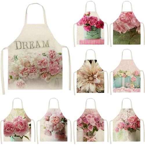 Pink Rose Flower Pattern Kitchen Sleeveless Aprons Cotton Linen Bibs 53*65cm Household Women Cleaning Cooking Apron 46424