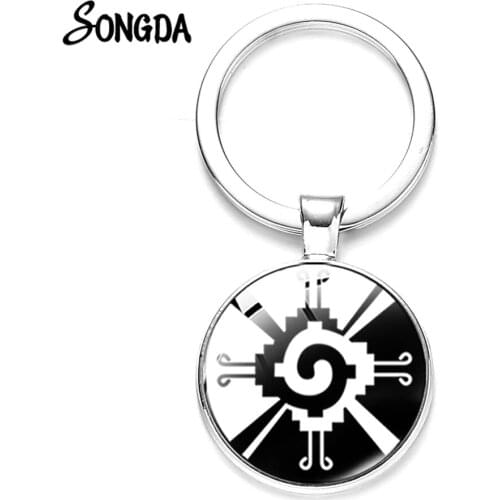Modern Hunab Ku Mayan Keychain Talisman Black Sun Sigil Mexican Cross Pewter Sign Print Glass Round Charm Keyring Car Key Chain