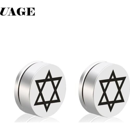 UAGE 1Pair Round Star of David Magnetic Stud Earring For Women Men No Piercing Black False Ear Studs Geometric Magnet Earring