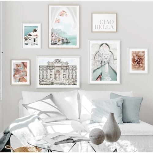 Venice Canal Amalfi Arch Fountain Flower Ink Wall Art Print Canvas Painting Nordic Poster Wall Pictures For Living Room Decor