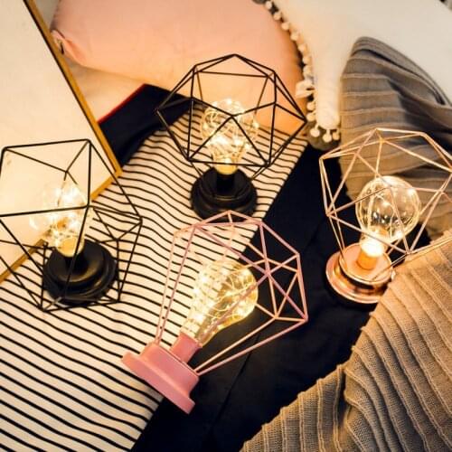 Iron Geometric USB Lamp Decoration Creative Metal Candlestick Retro LED Light Ornament Desktop DIY Home Figurine Decor Craft