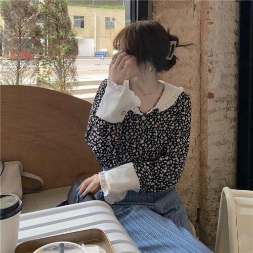 Womens Blouse Sweet Floral Lace Turn-down collar Long Sleeves Loose Thin Top Wholesale Spring Autumn 2021 New Female Clothing