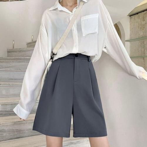 Women Casual Black Suit Shorts Summer Wear Office Business Formal Shorts Girls Loose Straight Wide Leg Short Cropped Trousers