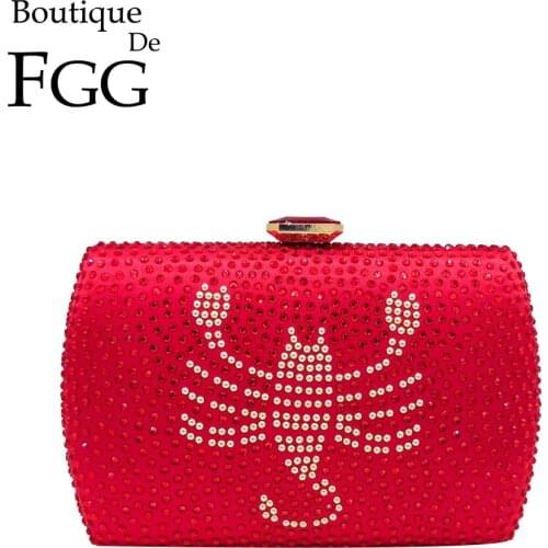 Boutique De FGG Scorpion Pattern Crystal Evening Clutch Bags Womens Fashion Minaudiere Handbags Wedding Cocktail Party Purses