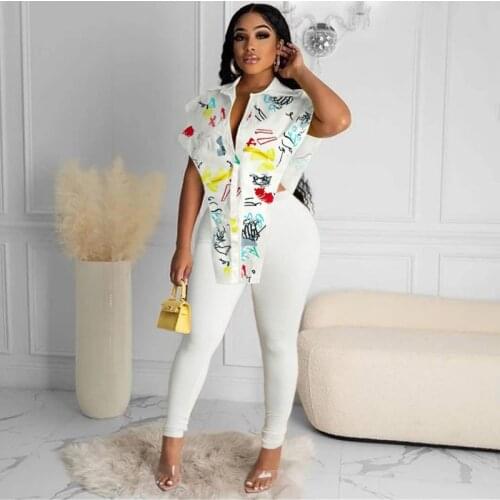 Summer Autumn 2 Pieces Set Sexy Fashion Women Set 2021 Female Tops Floral Print Sleeveless Shirt And Elastic Waist Pants Sets