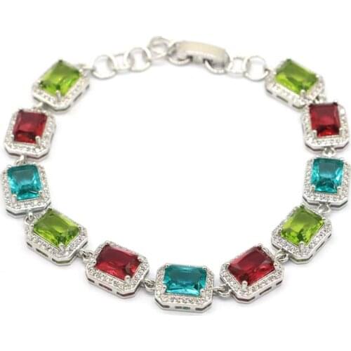 8x6mm SheCrown 19g Created Dark London Blue Topaz CZ For Ladies Silver Bracelet Length 7.5-8.5inch or 18.75-21.25cm