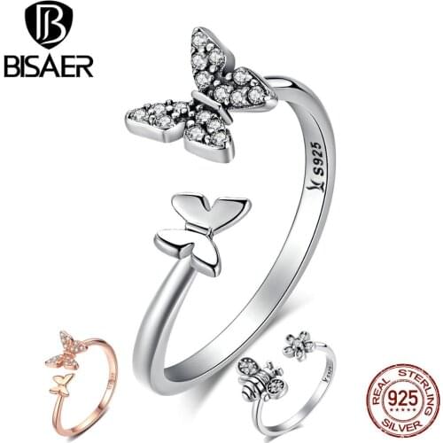 BISAER Hot Sale 925 Sterling Silver Insects Butterfly & Bee Open Rings for Women Fashion Jewelry Anneaux Engagement Ring ECR086