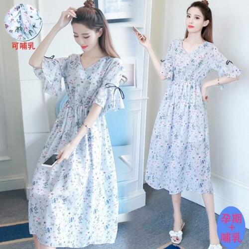 Maternity Dress Chiffon Floral Loose Summer Women Pregnancy flare sleeve Casual Nursing Breastfeeding high waist loose dresses